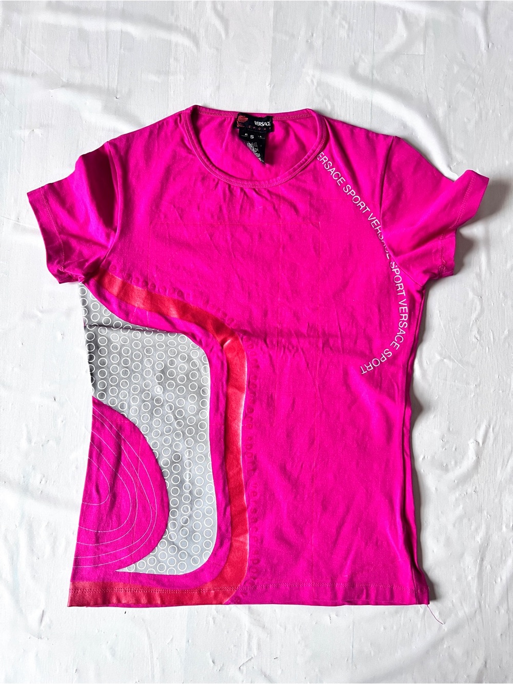 Vintage Versace Sport Pink Geometric Graphic T-Shirt Y2K Size S Made in Greece